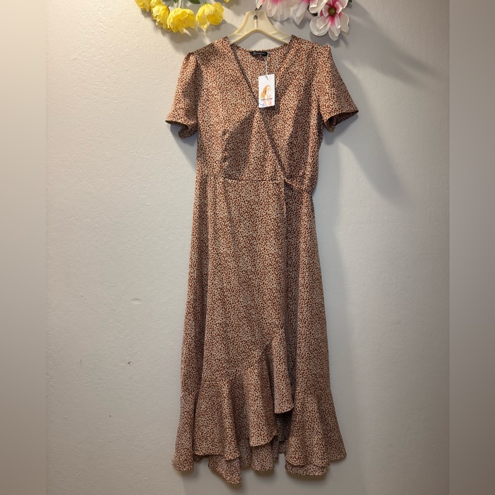 Printed Short-Sleeve Midi Dress in Brown - Picture 1 of 7